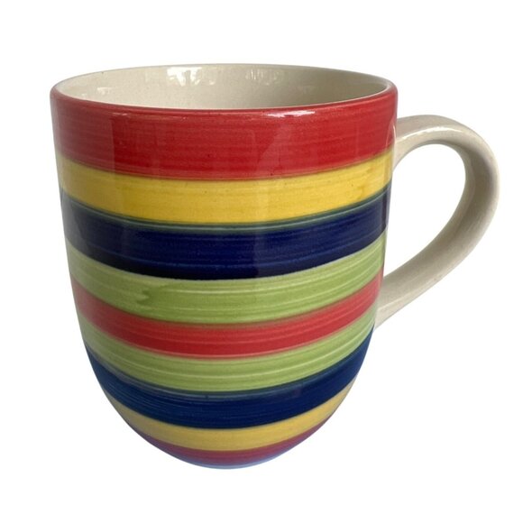 Colorful Striped Ceramic Coffee Mug Primary Colors Rainbow Cheery TodaysHome - Picture 1 of 6